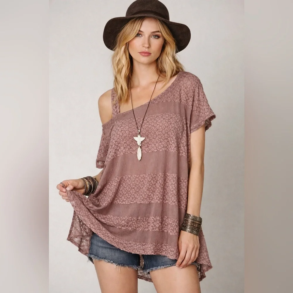 Free People Moonlight Breeze Lace Mesh Sheer Tunic Dusty Mauve Top Small